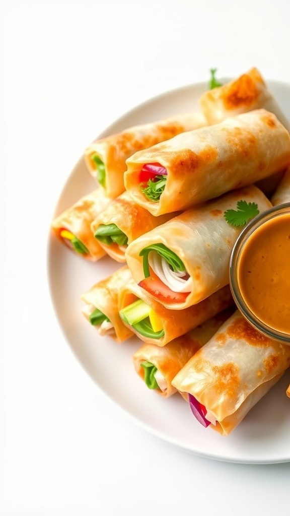 Crispy vegetable rice paper rolls on a plate with peanut sauce, garnished with herbs.